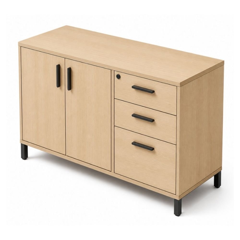 Credenza para Oficina Alta con Cajonera 2+1 - VERSA READY - Varios Colores - 2 Puertas Abatibles Melamínicas con 1 Entrepaño Interno - RE-840D - VERSA - NOGAL BEAT - Credenza