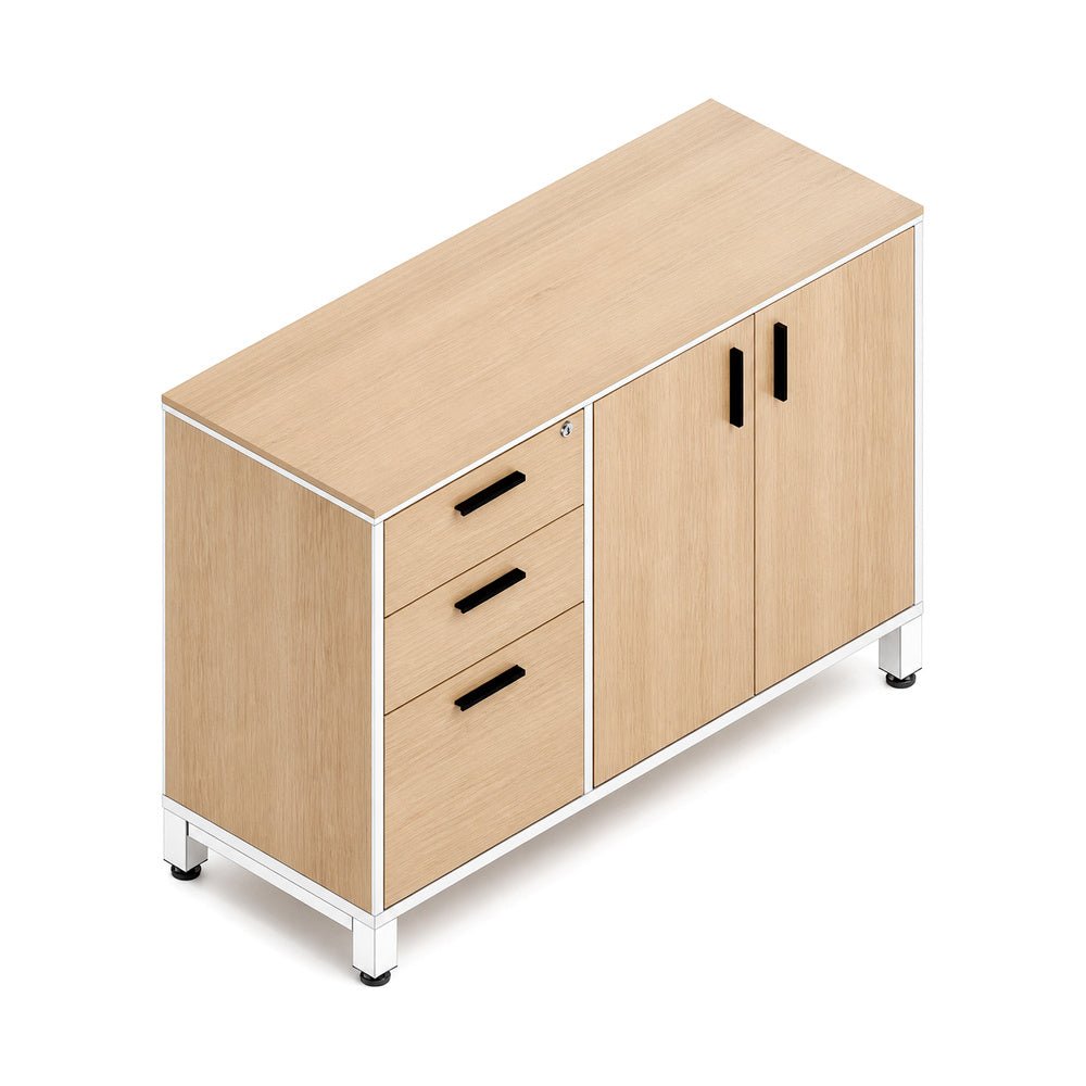 Credenza para Oficina Alta Izquierda con Cajonera 2+1 y 2 - VERSA VENTO PLUS - Varios Colores - 2 Puertas Melamínicas con 1 Entrepaño Interno Ajustable - VP-840I VENTO PLUS - VERSA - NOGAL BEAT - Credenza