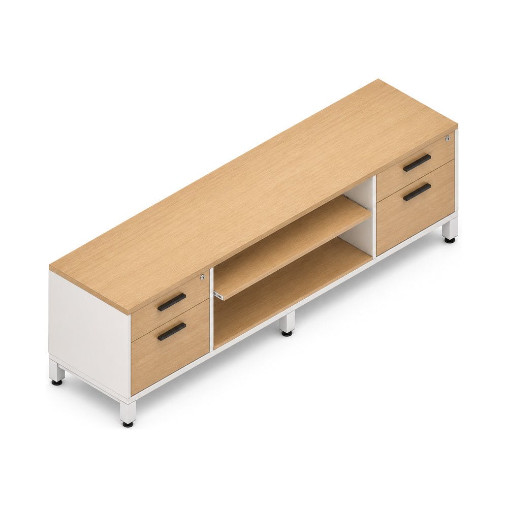 Credenza para Oficina Baja - VERSA VENTO PLUS - Varios Colores - Altura 57 cm - Credenza Baja con 2 Cajoneras 1 Cajón + y Entrepaño Central Metálico - VP-828 VENTO PLUS - VERSA - NOGAL BEAT - Credenza