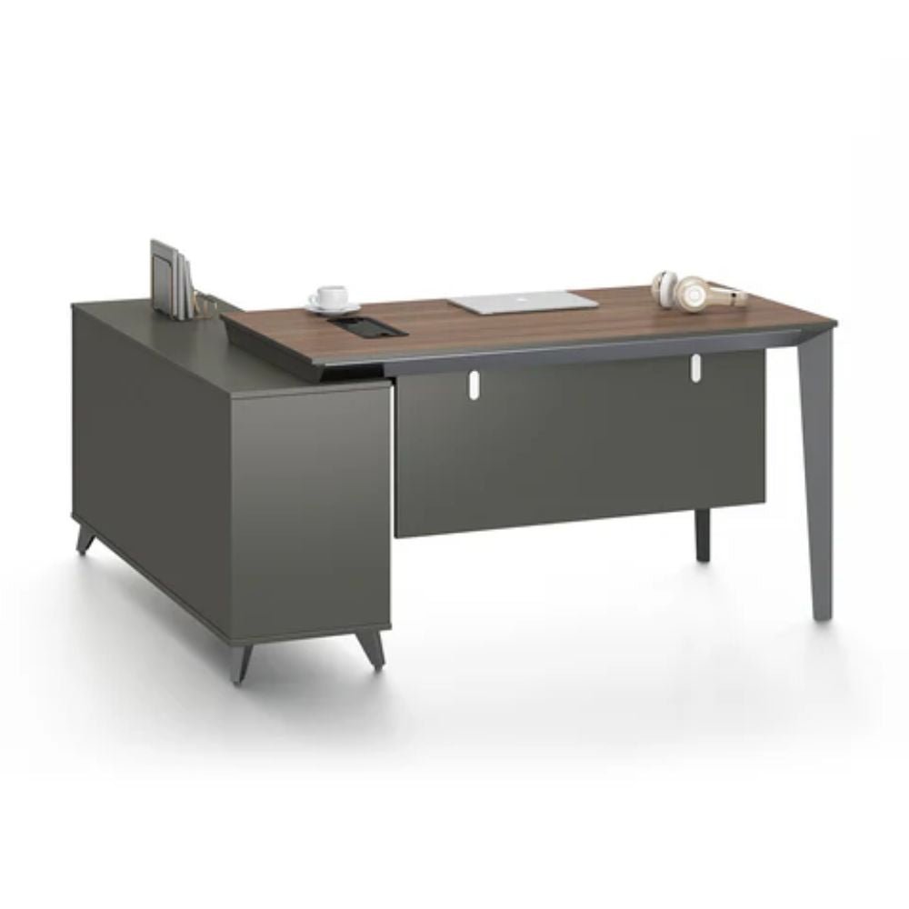 Escritorio ejecutivo lateral Cracovia 160 en nogal y gris con mesa lateral, cajoneras y cubierta de melamina