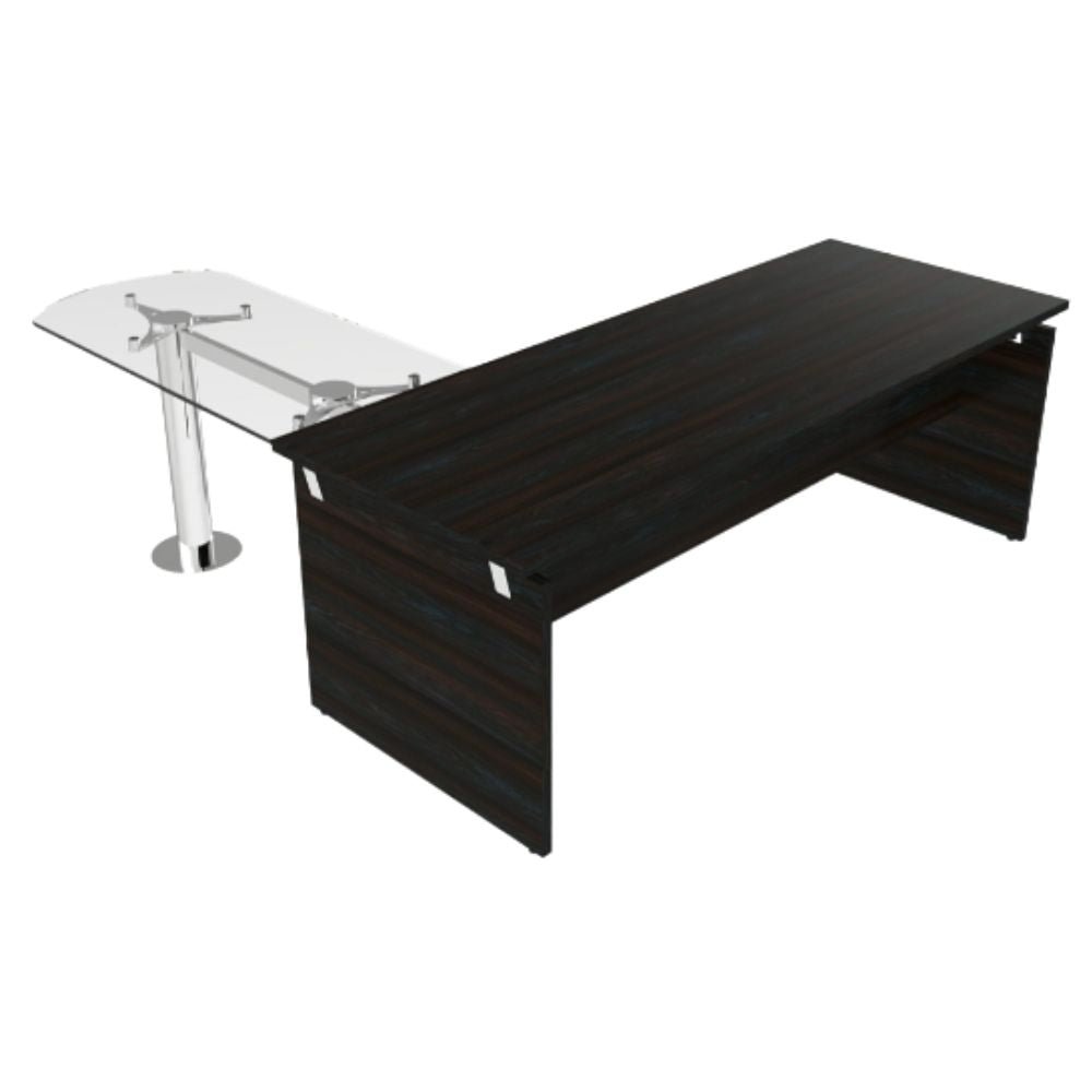 Escritorio ejecutivo OFIK 238 Vittra 846 con cubierta de madera y retorno en cristal y estructura de acero