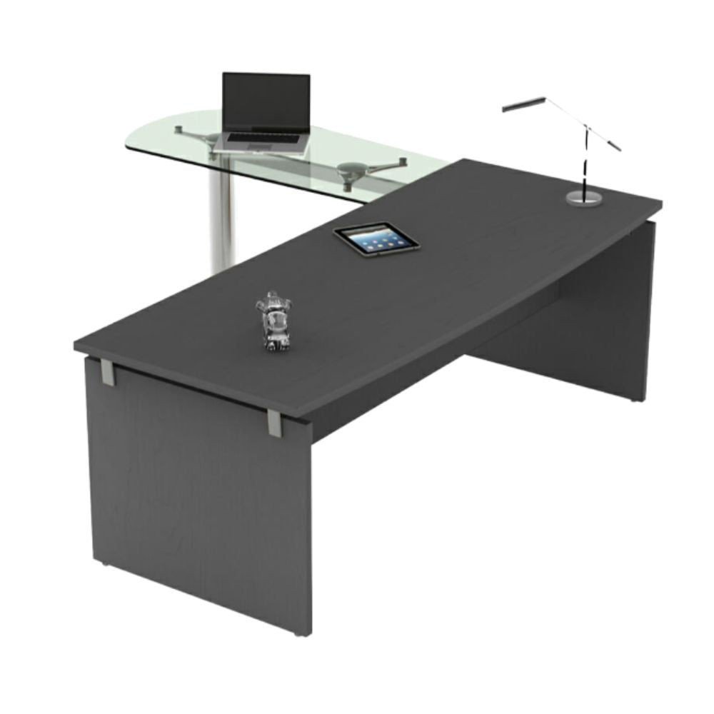 Escritorio ejecutivo OFIK 238 Vittra 846 con cubierta de madera y retorno en cristal y estructura de acero