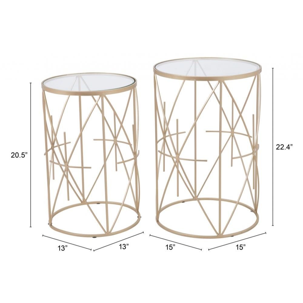 JUEGO DE MESA AUXILIAR NOGAL BEAT HADRIAN | Mesa Auxiliar Decorada Ocasional | Estructura Acero Pintado | Oro | Vidrio Templado Transparente | Interior - 101475 - Zuo - NOGAL BEAT - Mesas