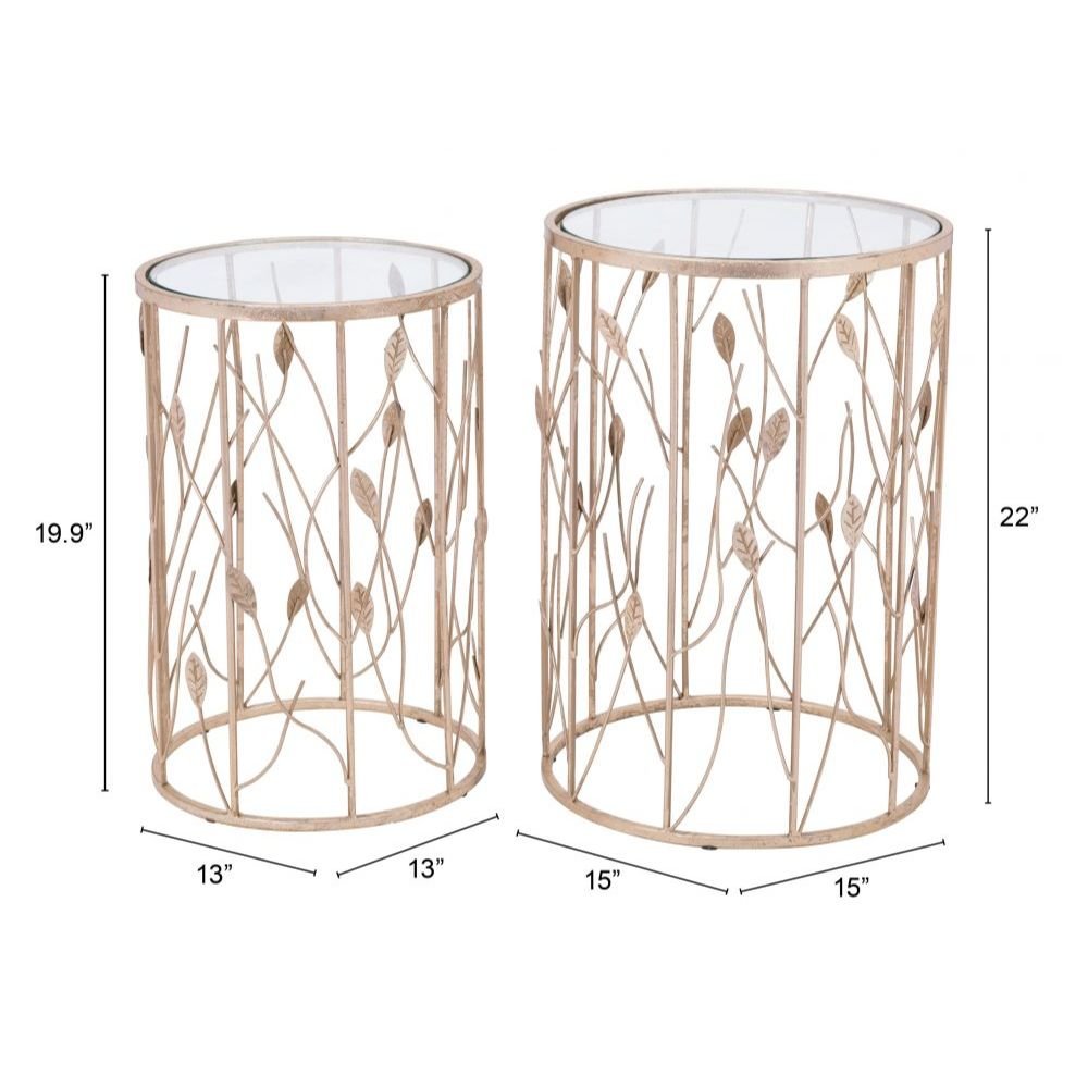 JUEGO DE MESA AUXILIAR NOGAL BEAT SAGE | Mesa Auxiliar Decorada Ocasional | Estructura Acero Pintado | Oro | Vidrio Templado Transparente | Interior - 101474 - Zuo - NOGAL BEAT - Mesas