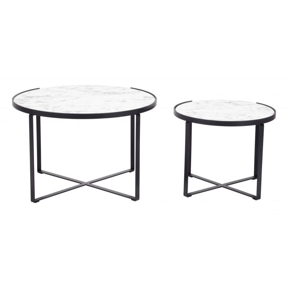 JUEGO DE MESA NOGAL BEAT BRIOCHE | Mesa de Centro Ocasional Decorativa | Estructura Acero Negro | Blanco | MDF de Mármol Sintético | Interior - 109275 - Zuo - NOGAL BEAT - Mesas