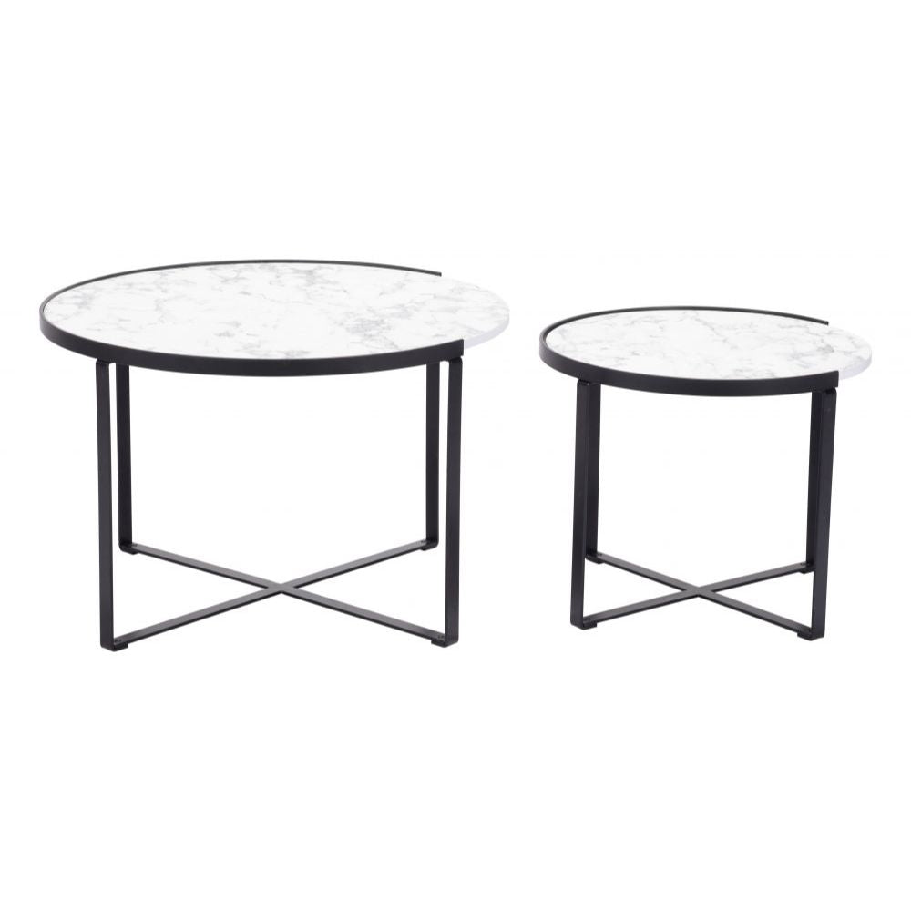 JUEGO DE MESA NOGAL BEAT BRIOCHE | Mesa de Centro Ocasional Decorativa | Estructura Acero Negro | Blanco | MDF de Mármol Sintético | Interior - 109275 - Zuo - NOGAL BEAT - Mesas