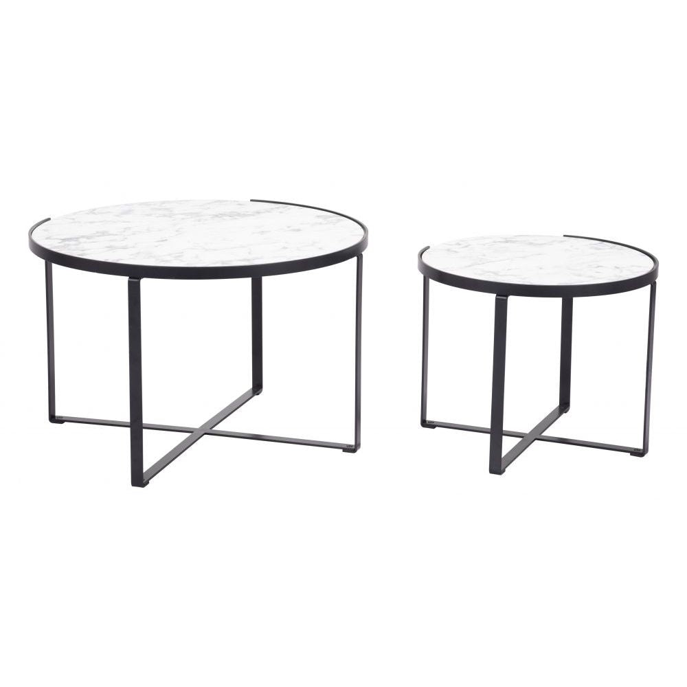 JUEGO DE MESA NOGAL BEAT BRIOCHE | Mesa de Centro Ocasional Decorativa | Estructura Acero Negro | Blanco | MDF de Mármol Sintético | Interior - 109275 - Zuo - NOGAL BEAT - Mesas