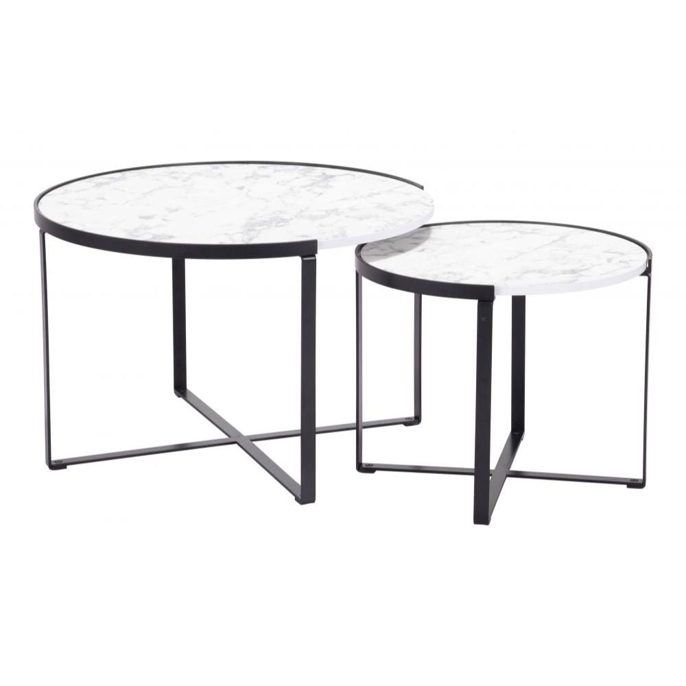 JUEGO DE MESA NOGAL BEAT BRIOCHE | Mesa de Centro Ocasional Decorativa | Estructura Acero Negro | Blanco | MDF de Mármol Sintético | Interior - 109275 - Zuo - NOGAL BEAT - Mesas