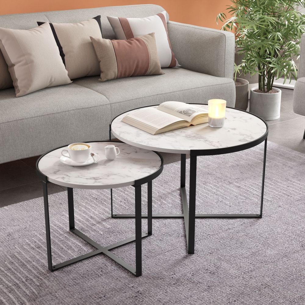 JUEGO DE MESA NOGAL BEAT BRIOCHE | Mesa de Centro Ocasional Decorativa | Estructura Acero Negro | Blanco | MDF de Mármol Sintético | Interior - 109275 - Zuo - NOGAL BEAT - Mesas