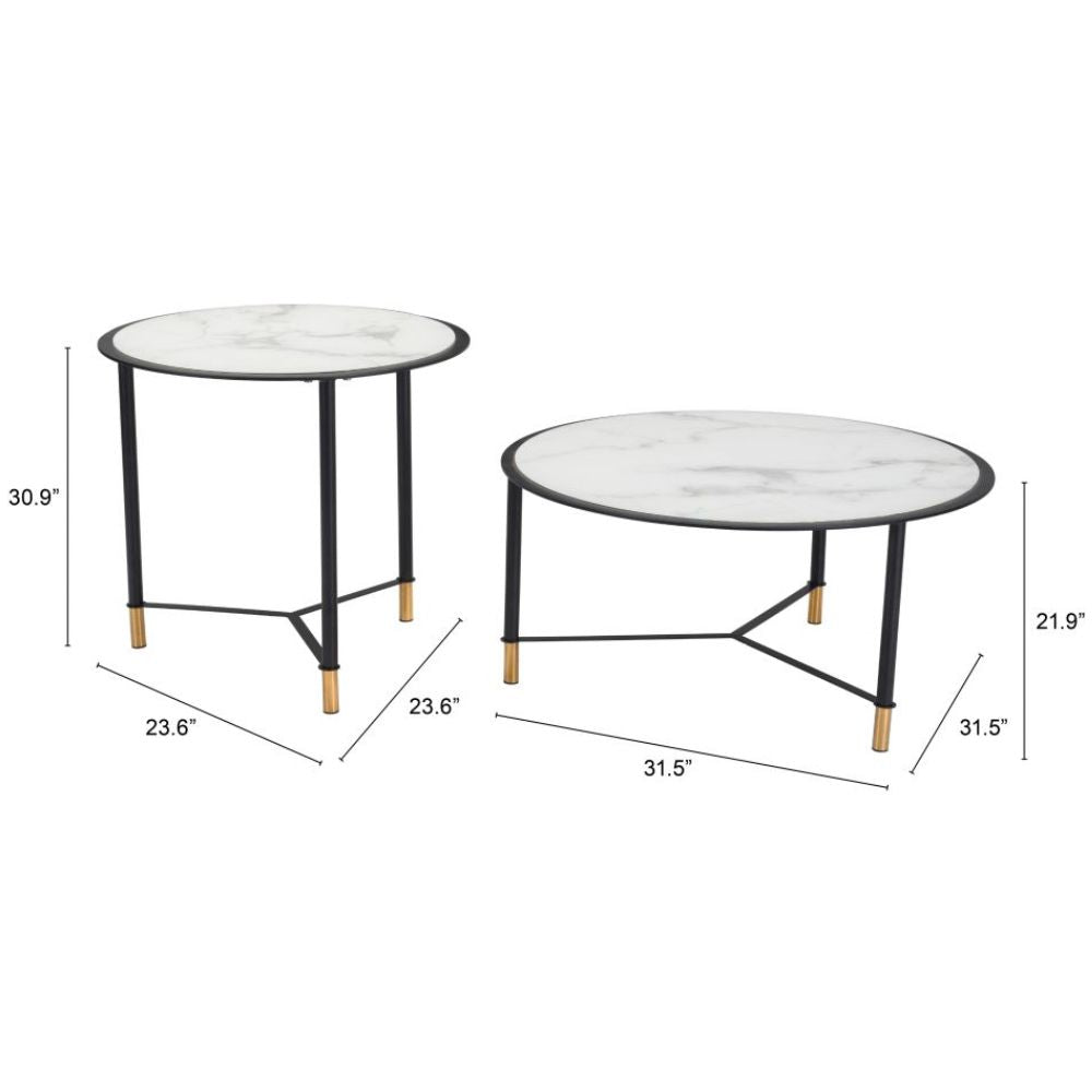 JUEGO DE MESA NOGAL BEAT DAVIS | Mesa de Centro Ocasional Decorativa | Estructura Acero Negro con Dorado | Blanco | Vidrio Templado Imitación Mármol | Interior - 101704 - Zuo - NOGAL BEAT -