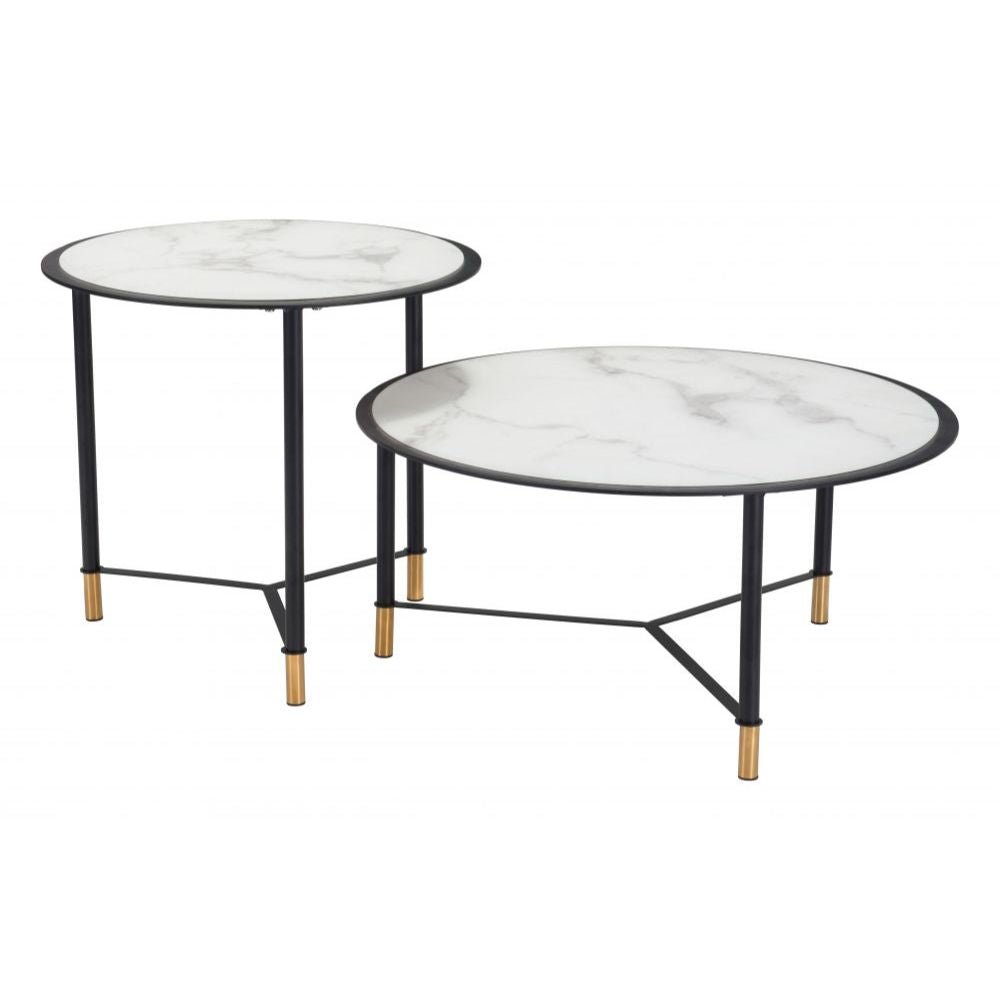 JUEGO DE MESA NOGAL BEAT DAVIS | Mesa de Centro Ocasional Decorativa | Estructura Acero Negro con Dorado | Blanco | Vidrio Templado Imitación Mármol | Interior - 101704 - Zuo - NOGAL BEAT -