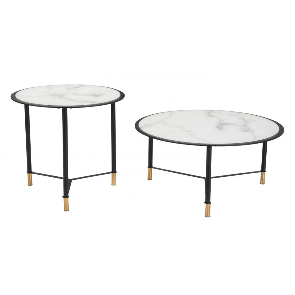 JUEGO DE MESA NOGAL BEAT DAVIS | Mesa de Centro Ocasional Decorativa | Estructura Acero Negro con Dorado | Blanco | Vidrio Templado Imitación Mármol | Interior - 101704 - Zuo - NOGAL BEAT -