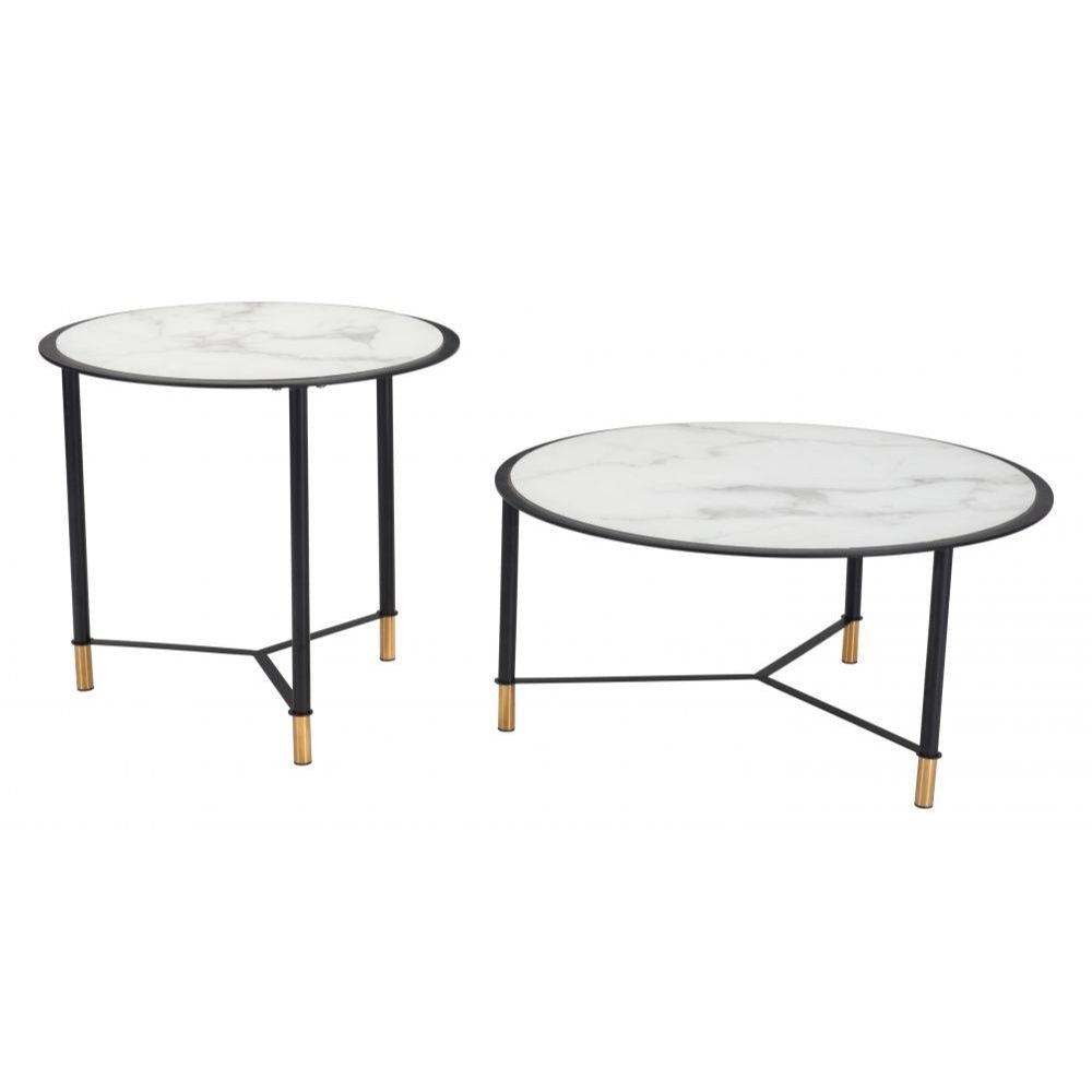 JUEGO DE MESA NOGAL BEAT DAVIS | Mesa de Centro Ocasional Decorativa | Estructura Acero Negro con Dorado | Blanco | Vidrio Templado Imitación Mármol | Interior - 101704 - Zuo - NOGAL BEAT -