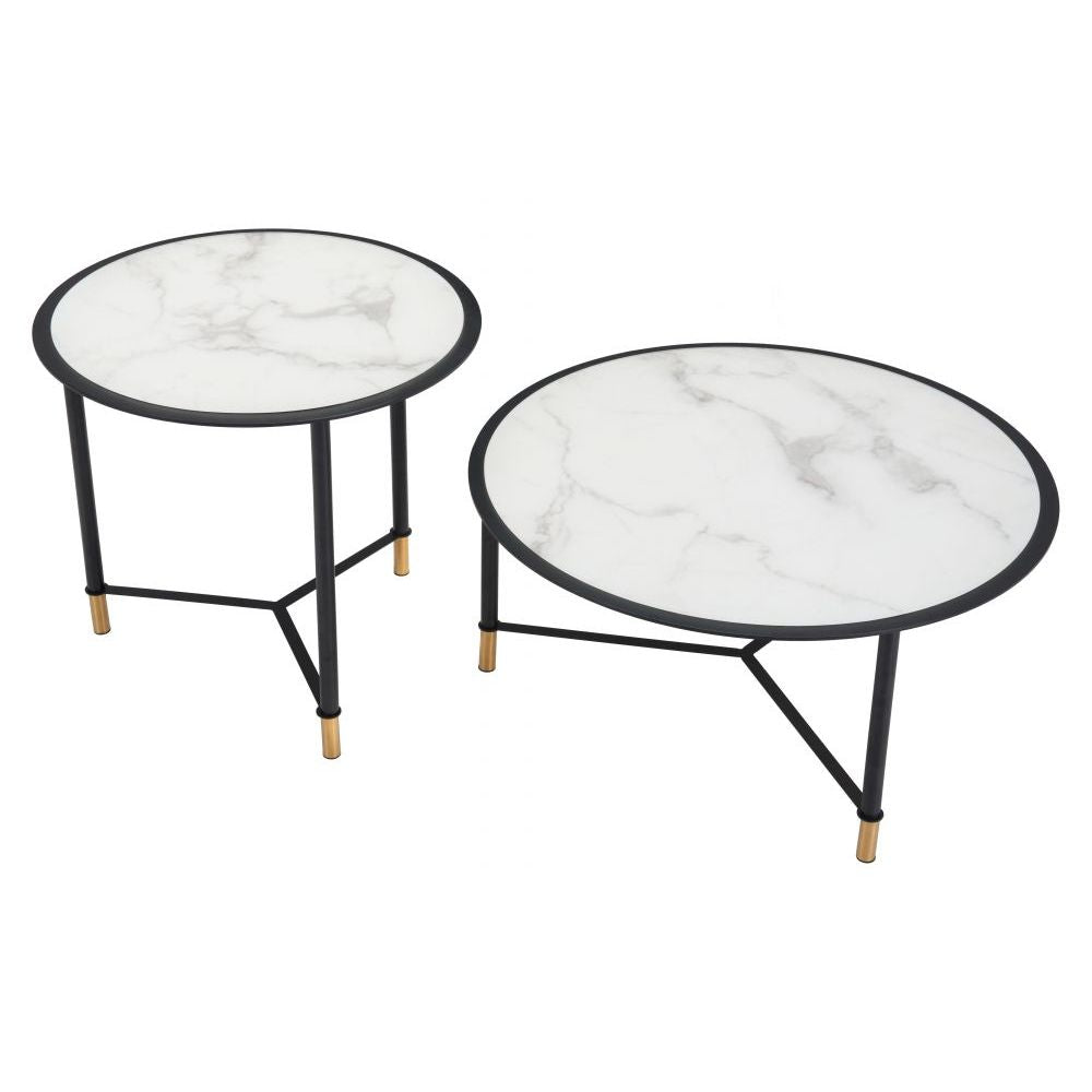 JUEGO DE MESA NOGAL BEAT DAVIS | Mesa de Centro Ocasional Decorativa | Estructura Acero Negro con Dorado | Blanco | Vidrio Templado Imitación Mármol | Interior - 101704 - Zuo - NOGAL BEAT -