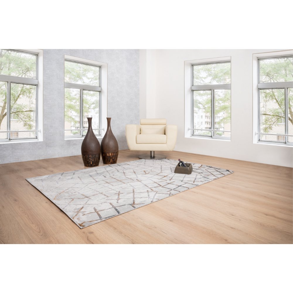 Tapete decorativo colección Adara T2259 rectangular de poliéster pelo corto en tonos oro, gris y azul