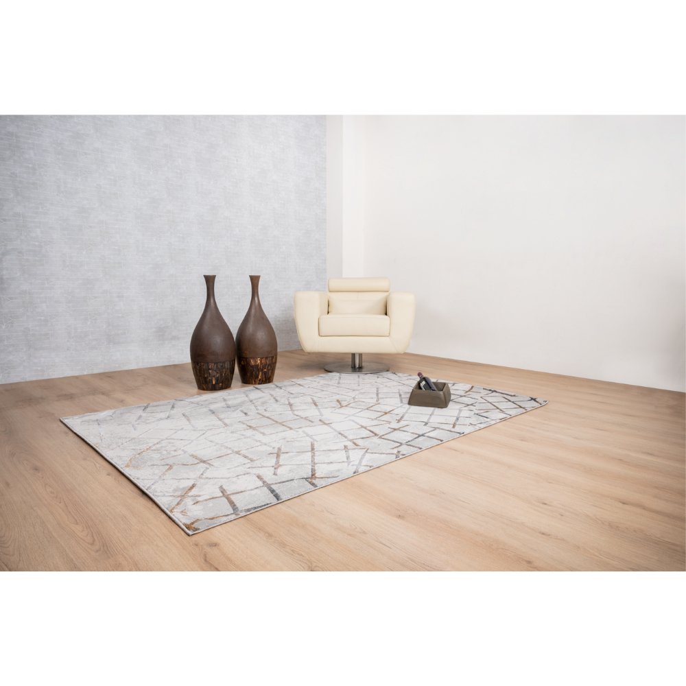 Tapete decorativo colección Adara T2259 rectangular de poliéster pelo corto en tonos oro, gris y azul