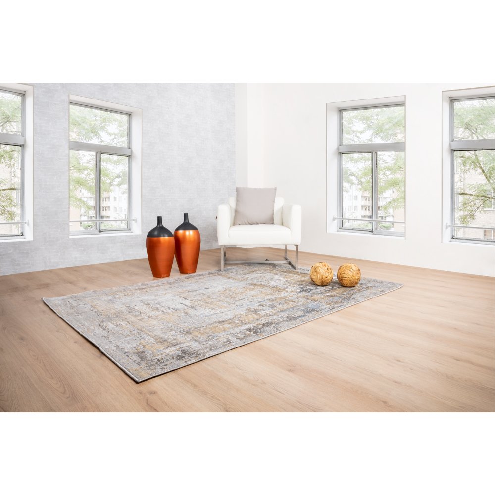 Tapete decorativo colección Adara T2260 rectangular de poliéster en tonos gris, verde y oro