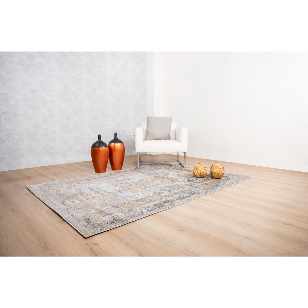 Tapete decorativo colección Adara T2260 rectangular de poliéster en tonos gris, verde y oro