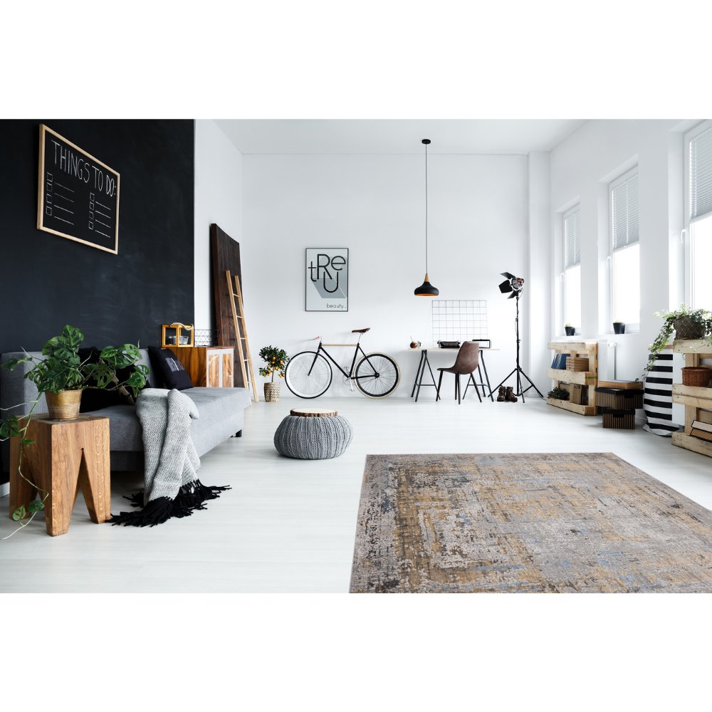 Tapete decorativo colección Adara T2260 rectangular de poliéster en tonos gris, verde y oro
