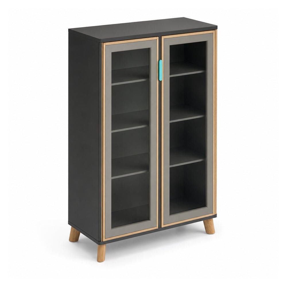 Librero Alto - VERSA DASH - Estructura Negra - Cristal Natural Patas de Madera de Haya - DS-888 - VERSA - NOGAL BEAT - Librero
