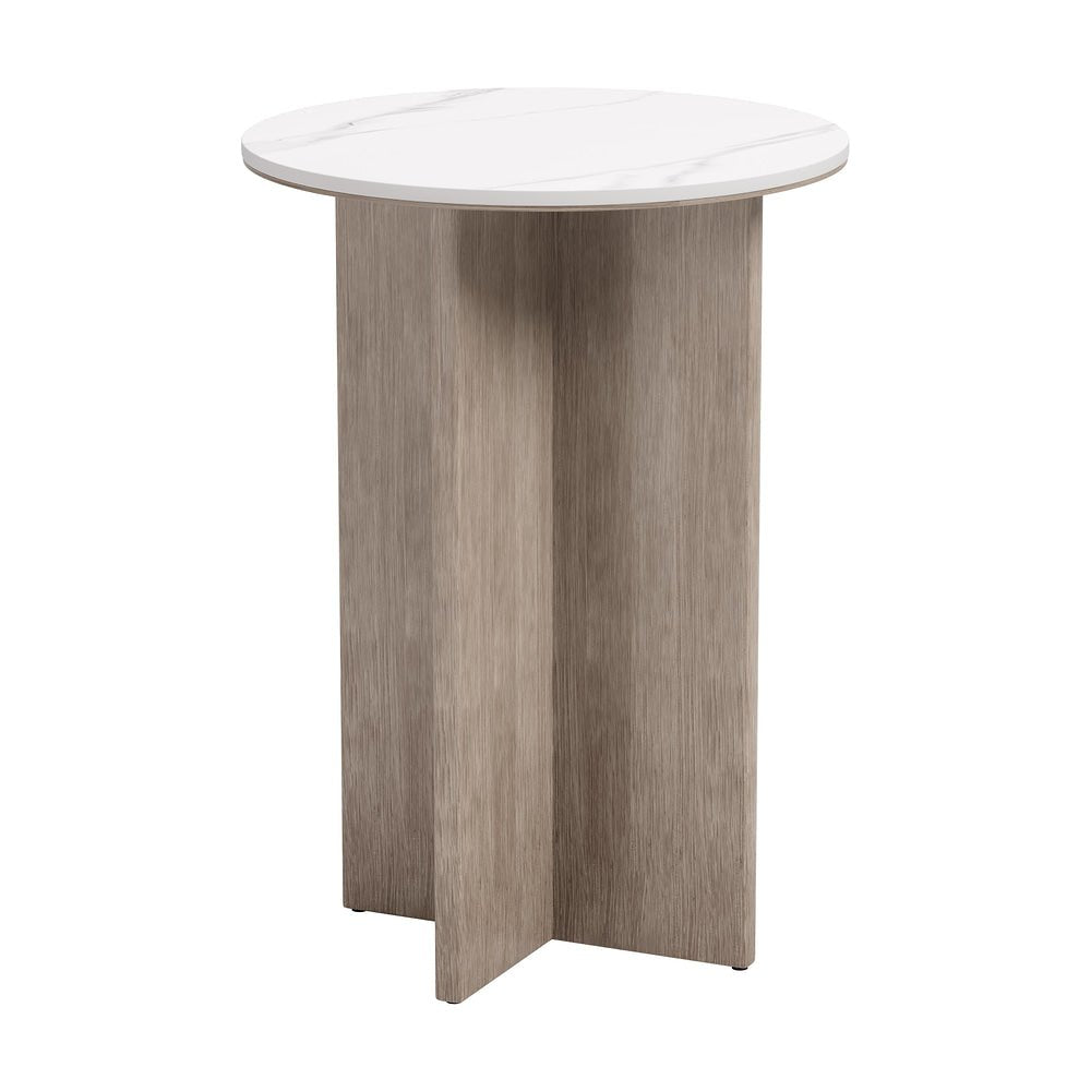 Mesa Auxiliar de Terraza para Club de Playa - ZUO OCEANVEIL - Blanco - Cubierta de Piedra Sinterizada Símil Mármol y Estructura de Aluminio Símil Madera - 704263 - Zuo - NOGAL BEAT - Mesa de Terraza
