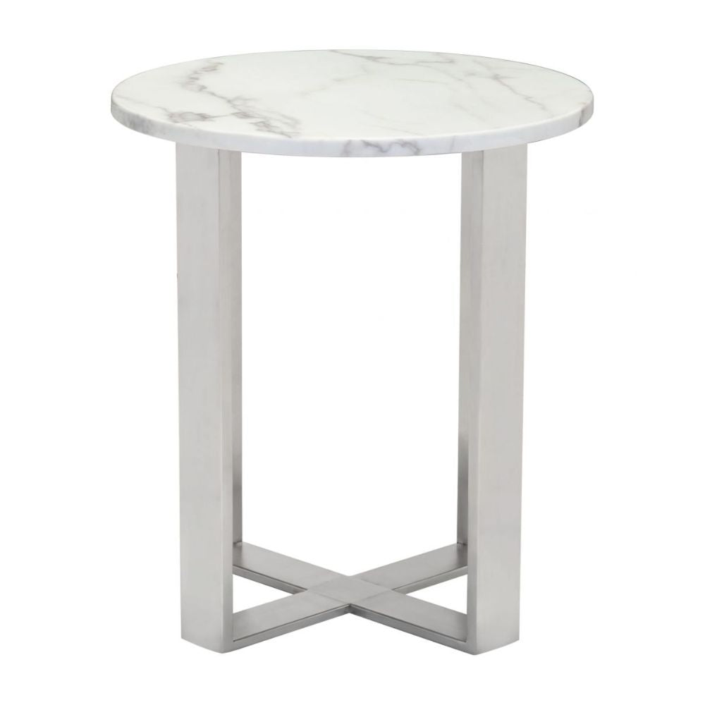 MESA AUXILIAR NOGAL BEAT ATLAS | Mesa Auxiliar Ocasional Decorativa | 53 cm | Estructura Acero Inoxidable Cepillado Plateado | Blanco | Mármol Sintético | Interior - 100711 - Zuo - NOGAL BEAT - Mesas