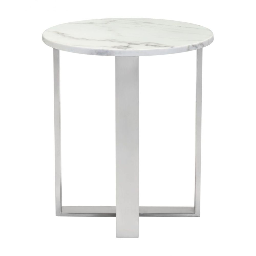 MESA AUXILIAR NOGAL BEAT ATLAS | Mesa Auxiliar Ocasional Decorativa | 53 cm | Estructura Acero Inoxidable Cepillado Plateado | Blanco | Mármol Sintético | Interior - 100711 - Zuo - NOGAL BEAT - Mesas