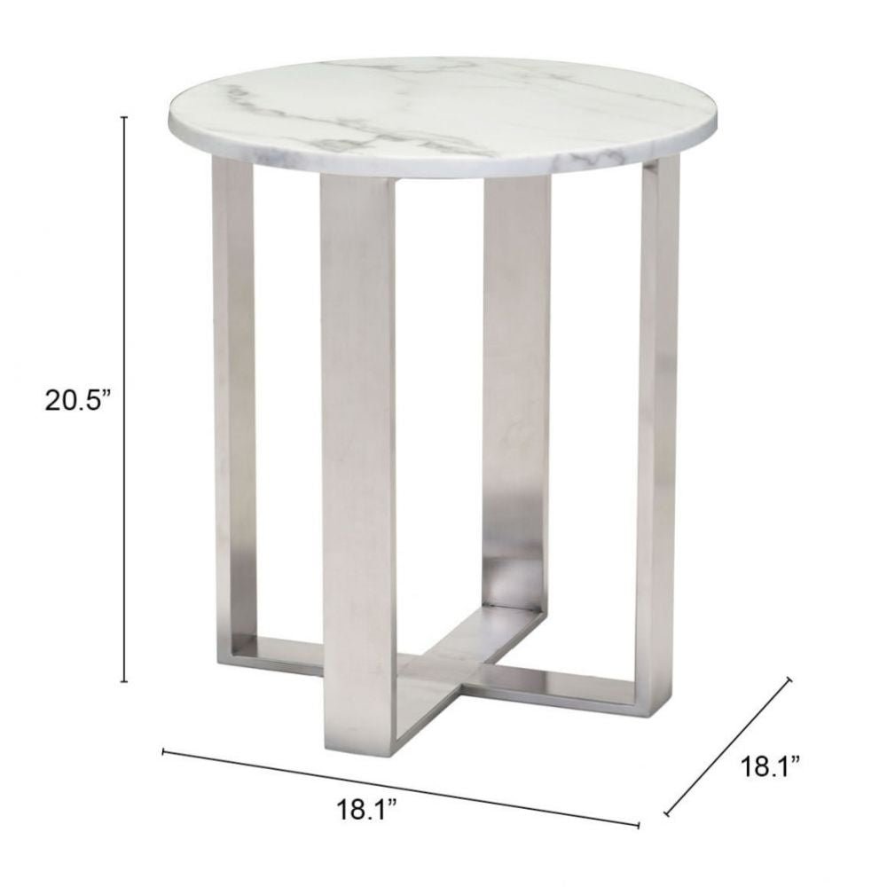 MESA AUXILIAR NOGAL BEAT ATLAS | Mesa Auxiliar Ocasional Decorativa | 53 cm | Estructura Acero Inoxidable Cepillado Plateado | Blanco | Mármol Sintético | Interior - 100711 - Zuo - NOGAL BEAT - Mesas