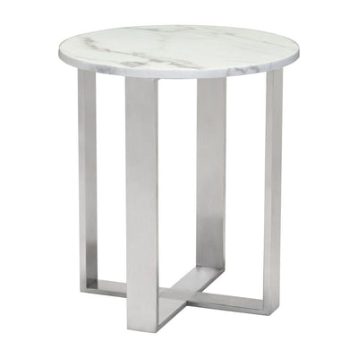 MESA AUXILIAR NOGAL BEAT ATLAS | Mesa Auxiliar Ocasional Decorativa | 53 cm | Estructura Acero Inoxidable Cepillado Plateado | Blanco | Mármol Sintético | Interior - 100711 - Zuo - NOGAL BEAT - Mesas