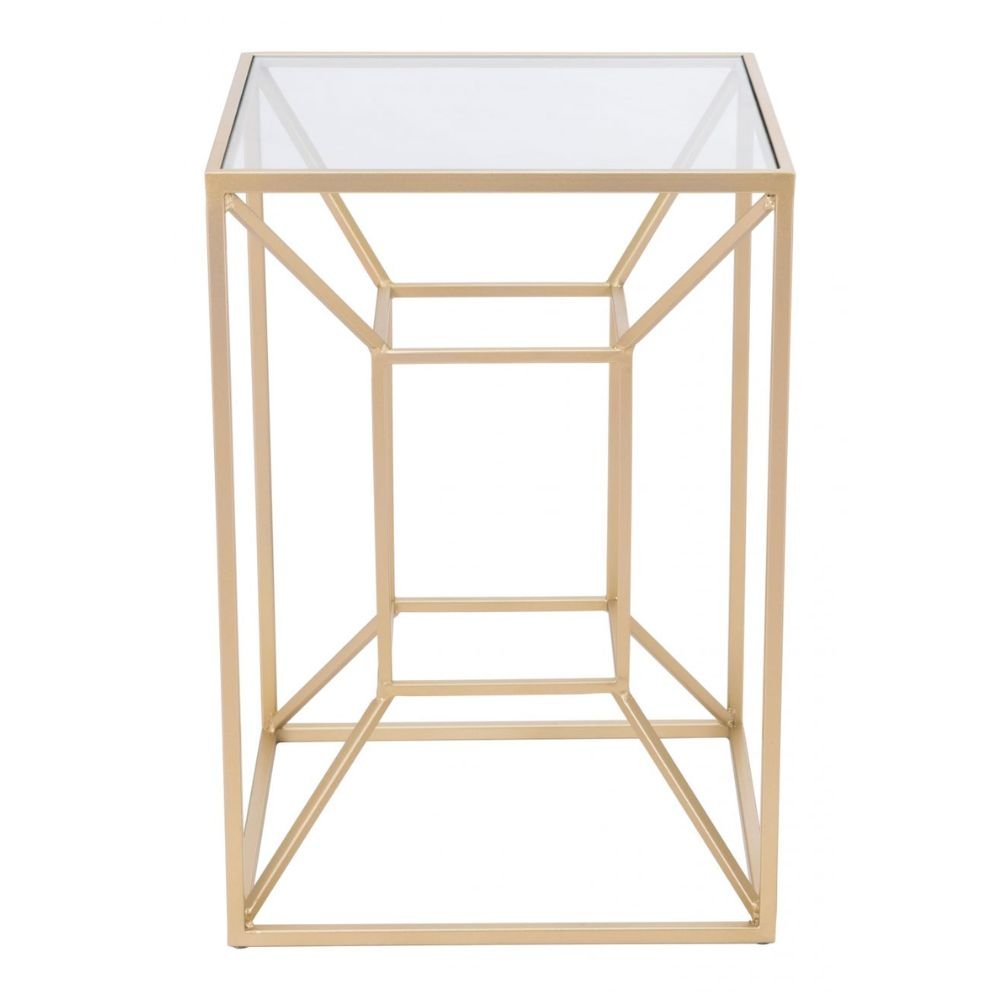 MESA AUXILIAR NOGAL BEAT CANYON | Mesa Auxiliar Ocasional Decorativa | 59 cm | Estructura Acero | Oro | Vidrio Templado Transparente | Interior - 101469 - Zuo - NOGAL BEAT - Mobiliario