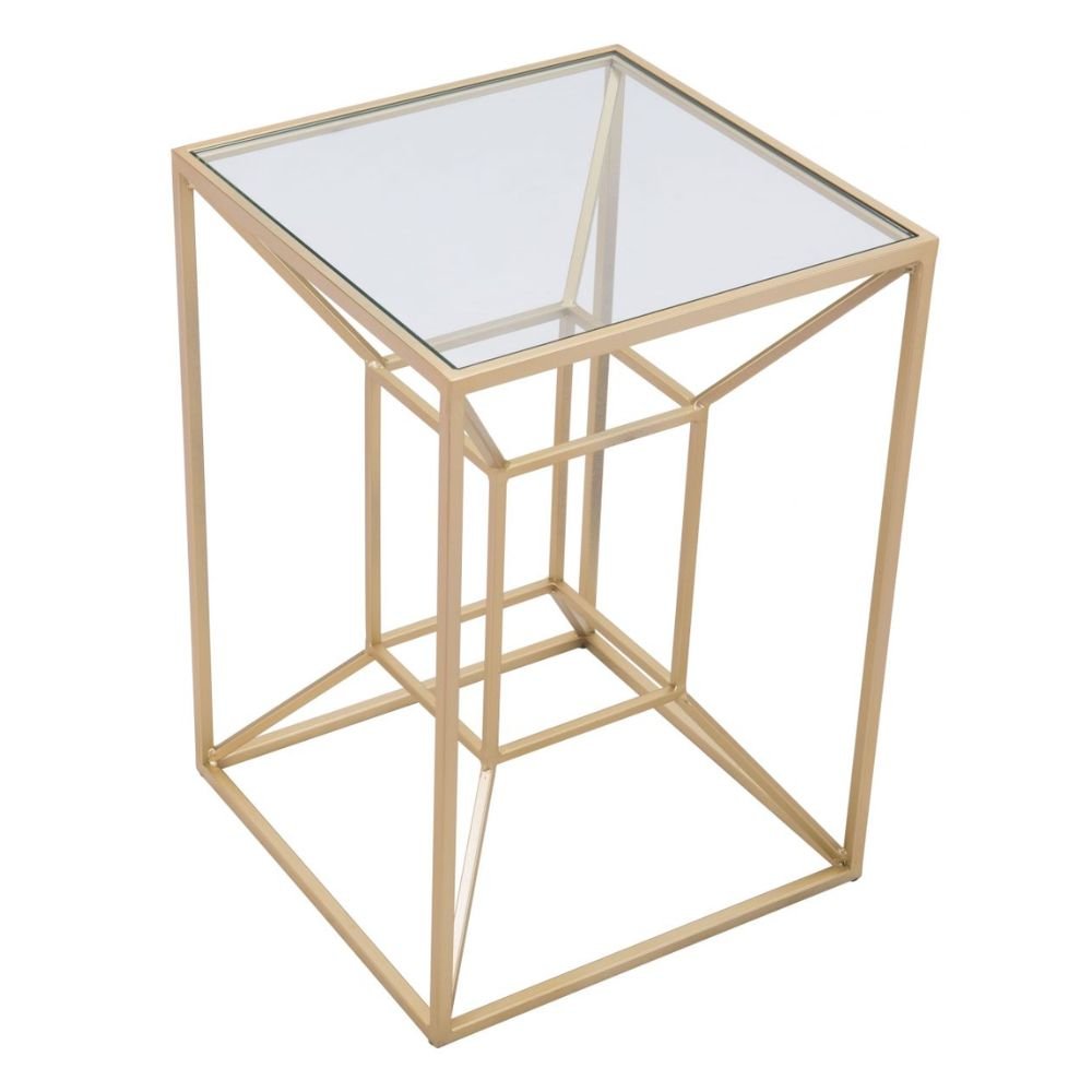 MESA AUXILIAR NOGAL BEAT CANYON | Mesa Auxiliar Ocasional Decorativa | 59 cm | Estructura Acero | Oro | Vidrio Templado Transparente | Interior - 101469 - Zuo - NOGAL BEAT - Mobiliario