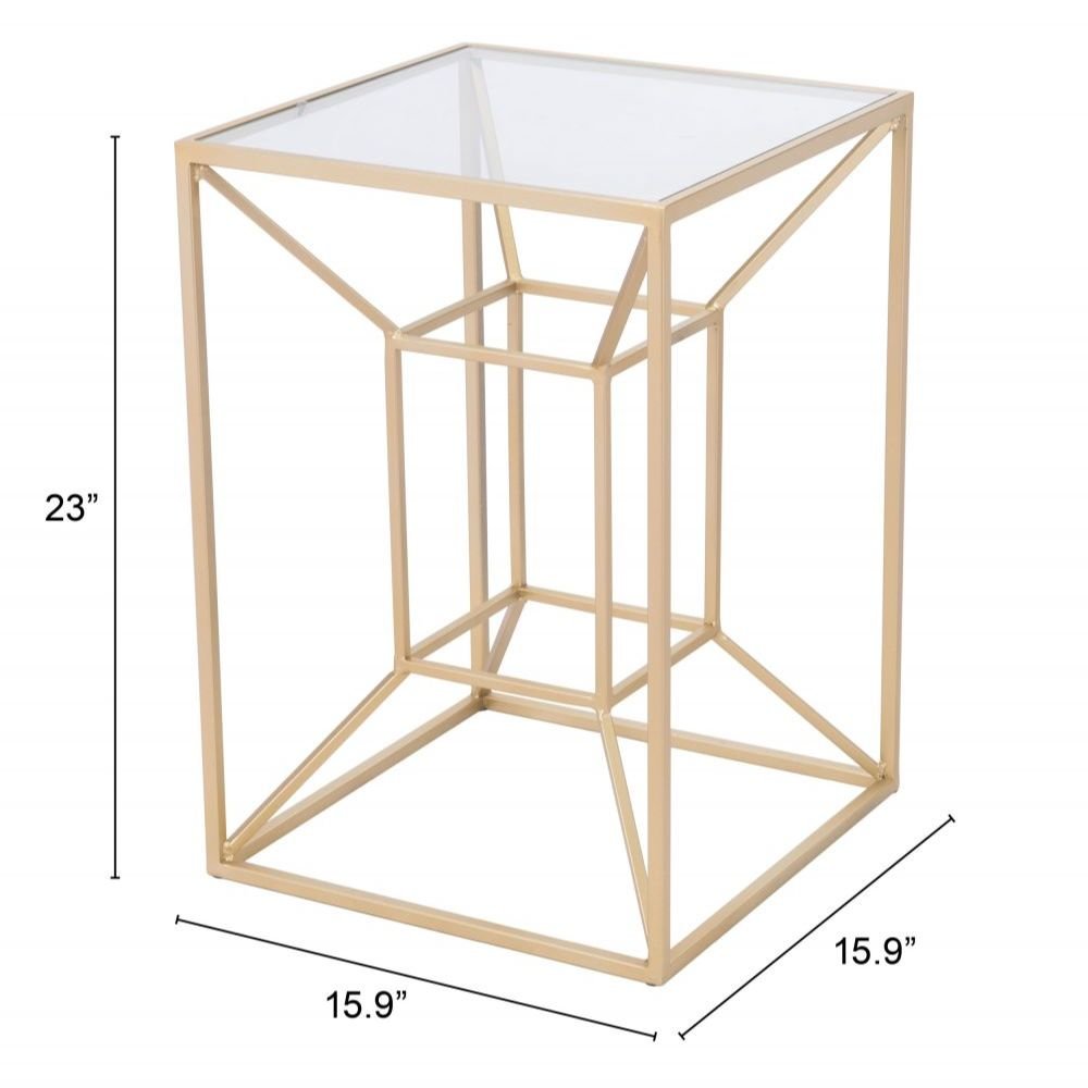 MESA AUXILIAR NOGAL BEAT CANYON | Mesa Auxiliar Ocasional Decorativa | 59 cm | Estructura Acero | Oro | Vidrio Templado Transparente | Interior - 101469 - Zuo - NOGAL BEAT - Mobiliario