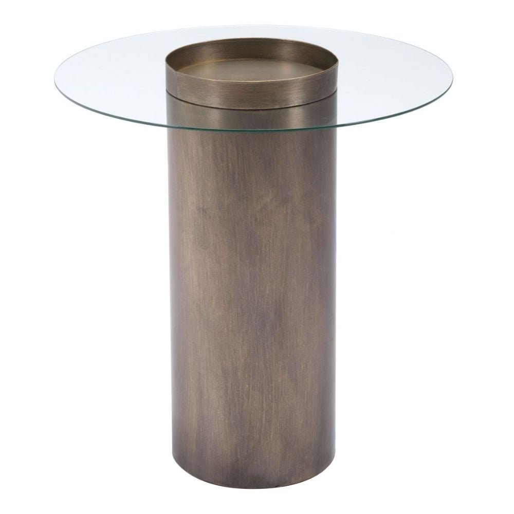 MESA AUXILIAR NOGAL BEAT EMI | Mesa Auxiliar Ocasional Decorativa | 63 cm | Estructura Acero Pintado Bronce | Claro | Vidrio Templado | Interior - 101494 - Zuo - NOGAL BEAT - Mesas