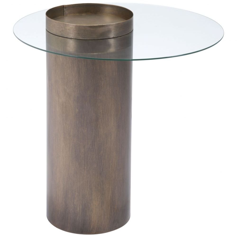 MESA AUXILIAR NOGAL BEAT EMI | Mesa Auxiliar Ocasional Decorativa | 63 cm | Estructura Acero Pintado Bronce | Claro | Vidrio Templado | Interior - 101494 - Zuo - NOGAL BEAT - Mesas