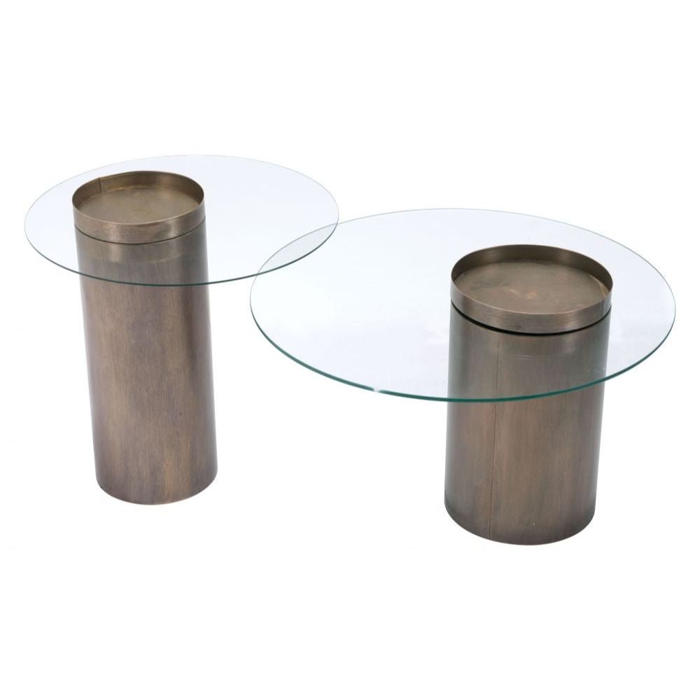 MESA AUXILIAR NOGAL BEAT EMI | Mesa Auxiliar Ocasional Decorativa | 63 cm | Estructura Acero Pintado Bronce | Claro | Vidrio Templado | Interior - 101494 - Zuo - NOGAL BEAT - Mesas