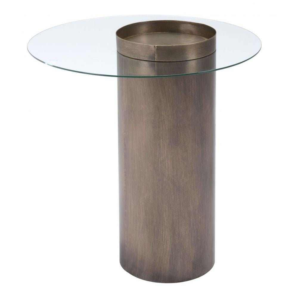 MESA AUXILIAR NOGAL BEAT EMI | Mesa Auxiliar Ocasional Decorativa | 63 cm | Estructura Acero Pintado Bronce | Claro | Vidrio Templado | Interior - 101494 - Zuo - NOGAL BEAT - Mesas