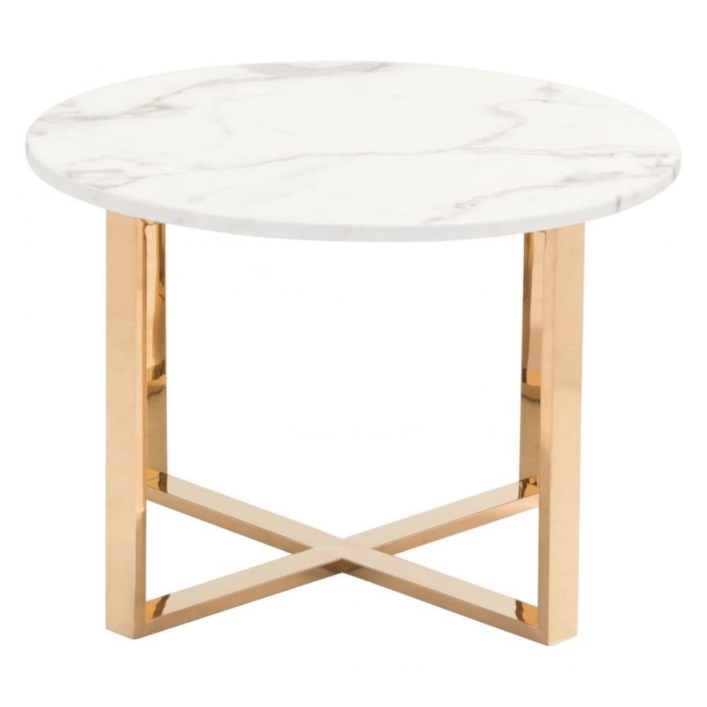 MESA AUXILIAR NOGAL BEAT GLOBE | Mesa Auxiliar Ocasional Decorativa | 43 cm | Estructura Acero Inoxidable Galvanizado Oro | Blanco | Mármol Sintético | Interior - 100655 - Zuo - NOGAL BEAT - Mesas