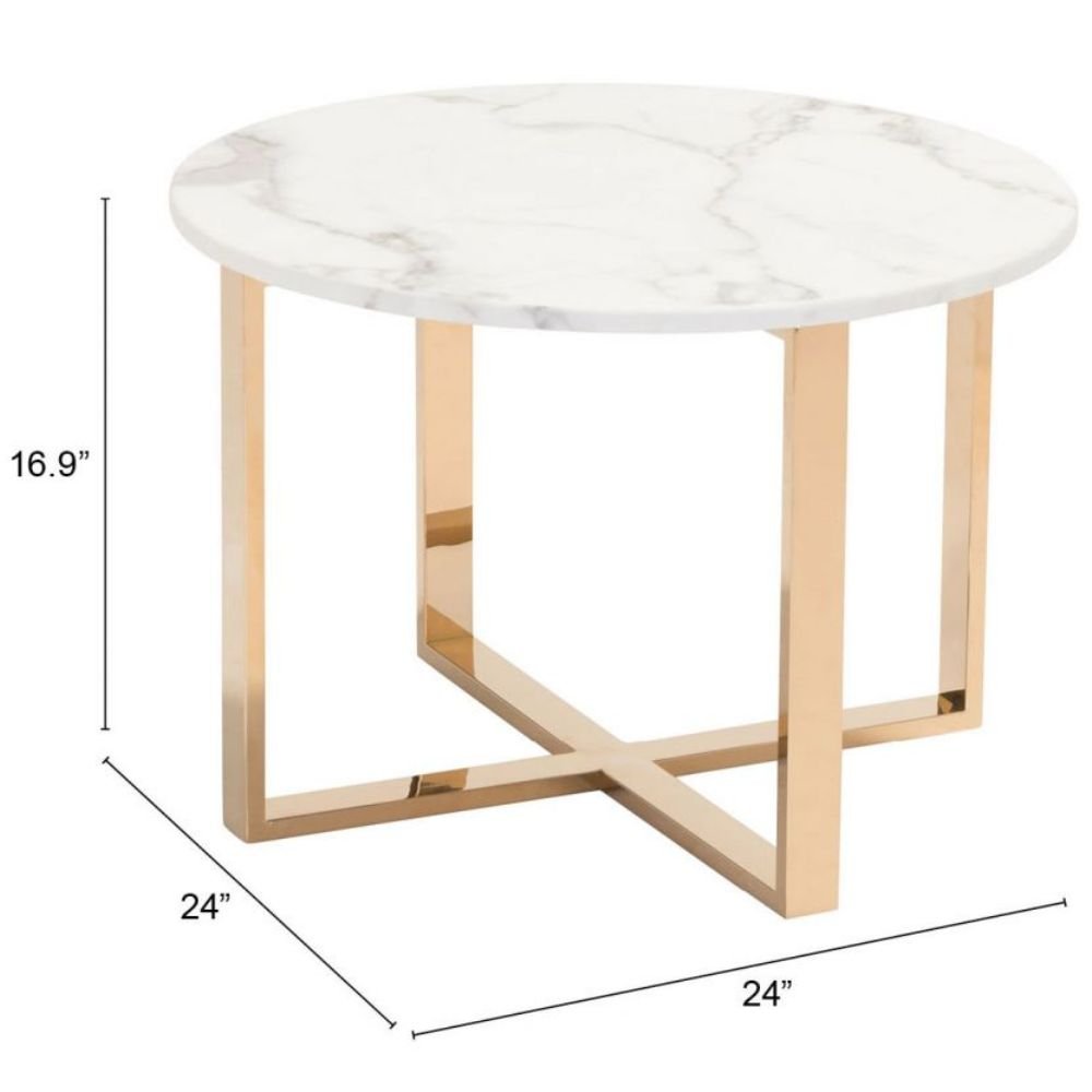 MESA AUXILIAR NOGAL BEAT GLOBE | Mesa Auxiliar Ocasional Decorativa | 43 cm | Estructura Acero Inoxidable Galvanizado Oro | Blanco | Mármol Sintético | Interior - 100655 - Zuo - NOGAL BEAT - Mesas