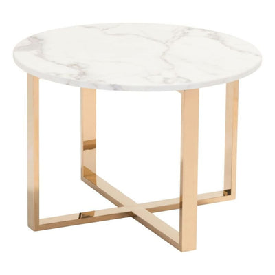 MESA AUXILIAR NOGAL BEAT GLOBE | Mesa Auxiliar Ocasional Decorativa | 43 cm | Estructura Acero Inoxidable Galvanizado Oro | Blanco | Mármol Sintético | Interior - 100655 - Zuo - NOGAL BEAT - Mesas