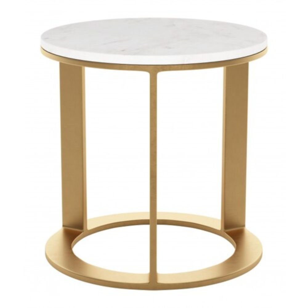 MESA AUXILIAR NOGAL BEAT HELENA | Mesa Auxiliar Ocasional Decorativa | 46 cm | Estructura Aluminio Chapado Oro | Blanco | Mármol MDF | Interior - 101678 - Zuo - NOGAL BEAT - Mesas