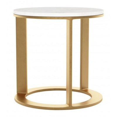 MESA AUXILIAR NOGAL BEAT HELENA | Mesa Auxiliar Ocasional Decorativa | 46 cm | Estructura Aluminio Chapado Oro | Blanco | Mármol MDF | Interior - 101678 - Zuo - NOGAL BEAT - Mesas