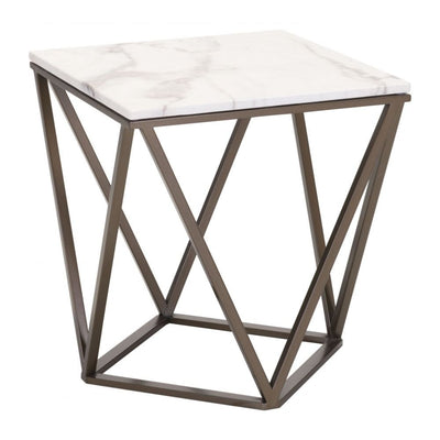 MESA AUXILIAR NOGAL BEAT TINTERN | Mesa Auxiliar Ocasional Decorativa | 56 cm | Estructura Acero Bronce | Blanco | Mármol Sintético | Interior - 100658 - Zuo - NOGAL BEAT - Mesas