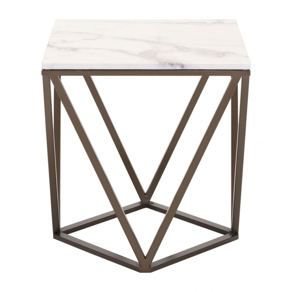 MESA AUXILIAR NOGAL BEAT TINTERN | Mesa Auxiliar Ocasional Decorativa | 56 cm | Estructura Acero Bronce | Blanco | Mármol Sintético | Interior - 100658 - Zuo - NOGAL BEAT - Mesas