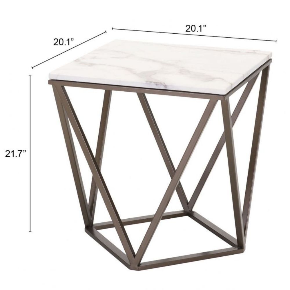 MESA AUXILIAR NOGAL BEAT TINTERN | Mesa Auxiliar Ocasional Decorativa | 56 cm | Estructura Acero Bronce | Blanco | Mármol Sintético | Interior - 100658 - Zuo - NOGAL BEAT - Mesas