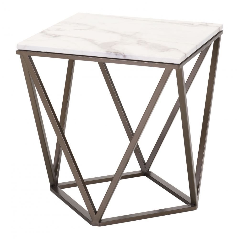 MESA AUXILIAR NOGAL BEAT TINTERN | Mesa Auxiliar Ocasional Decorativa | 56 cm | Estructura Acero Bronce | Blanco | Mármol Sintético | Interior - 100658 - Zuo - NOGAL BEAT - Mesas