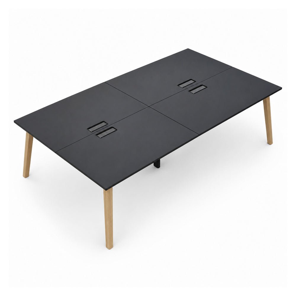 Mesa Bench para 4 Usuarios - VERSA DASH - Estructura Metálica Negra con Patas de Madera de Haya - 240 × 150 cm - DS-660 - VERSA - NOGAL BEAT - Escritorio de Oficina