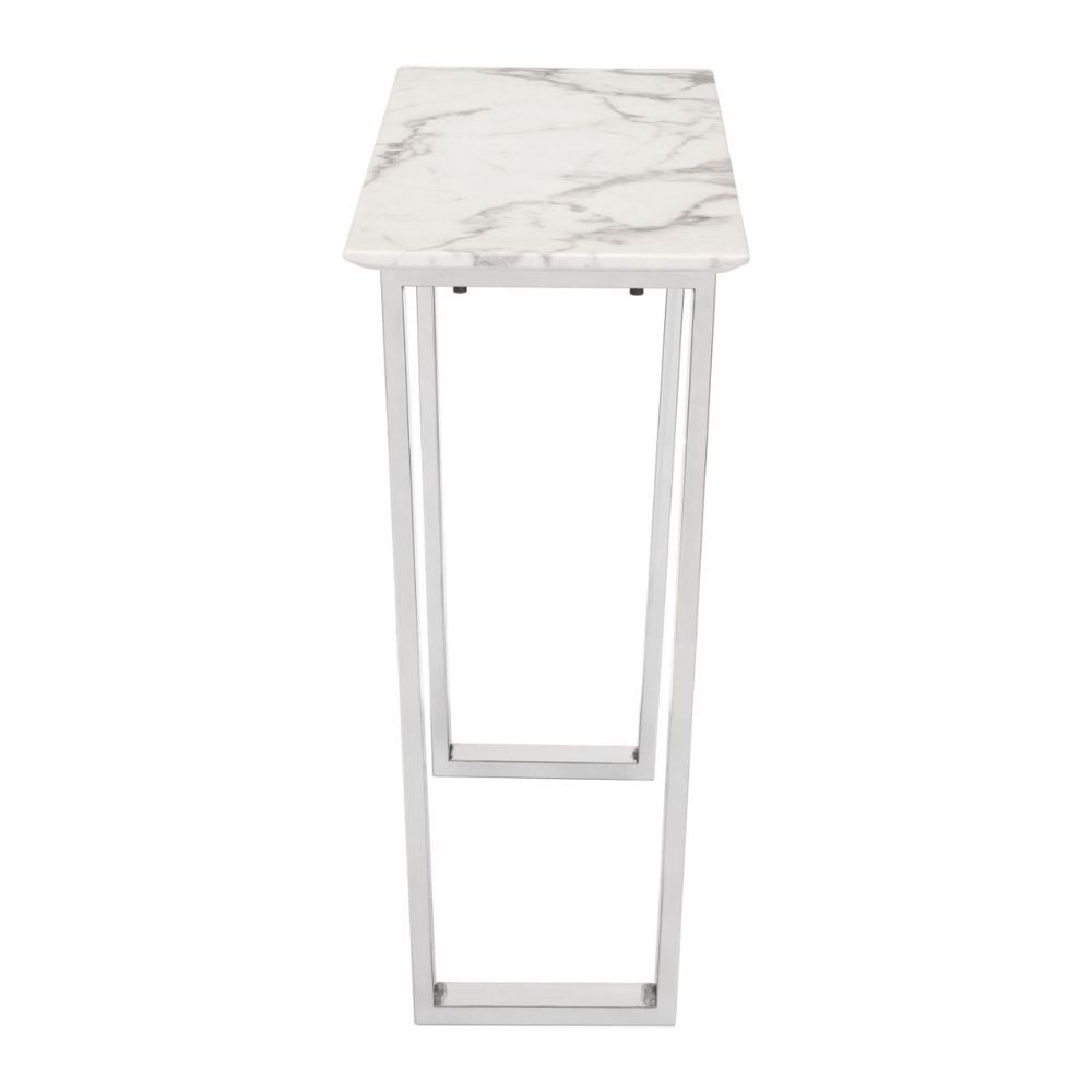 MESA CONSOLA NOGAL BEAT ATLAS | Mesa Consola Ocasional Decorativa | 77 cm | Estructura Acero Inoxidable Cepillado Plateado | Blanco | Mármol Sintético | Interior - 100709 - Zuo - NOGAL BEAT - Mesas