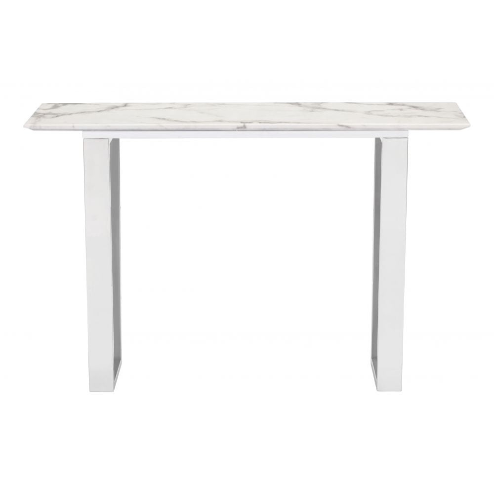 MESA CONSOLA NOGAL BEAT ATLAS | Mesa Consola Ocasional Decorativa | 77 cm | Estructura Acero Inoxidable Cepillado Plateado | Blanco | Mármol Sintético | Interior - 100709 - Zuo - NOGAL BEAT - Mesas