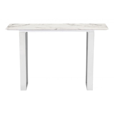 MESA CONSOLA NOGAL BEAT ATLAS | Mesa Consola Ocasional Decorativa | 77 cm | Estructura Acero Inoxidable Cepillado Plateado | Blanco | Mármol Sintético | Interior - 100709 - Zuo - NOGAL BEAT - Mesas