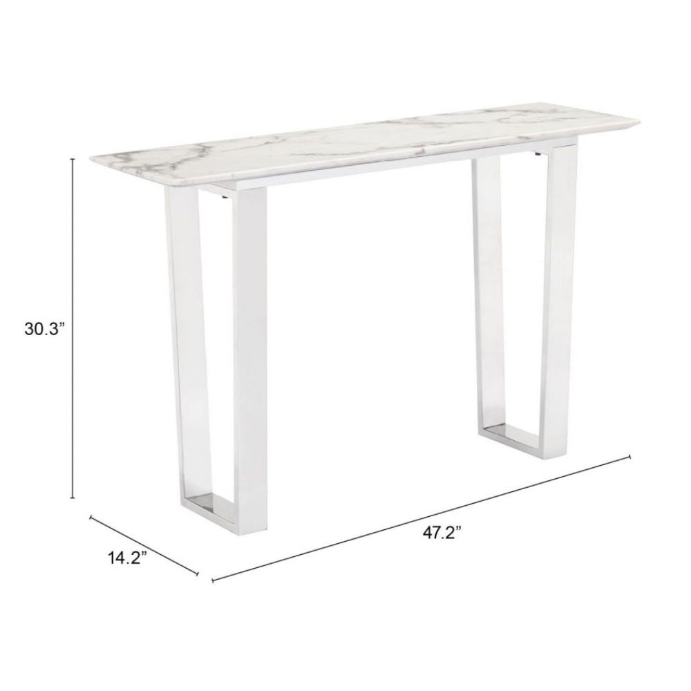 MESA CONSOLA NOGAL BEAT ATLAS | Mesa Consola Ocasional Decorativa | 77 cm | Estructura Acero Inoxidable Cepillado Plateado | Blanco | Mármol Sintético | Interior - 100709 - Zuo - NOGAL BEAT - Mesas